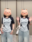 复古插肩短袖 大码 胖mm美式 印花t恤女夏撞色休闲oversize上衣ins潮