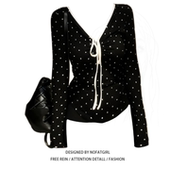 上衣女装 大码 T恤早秋新款 波点褶皱修身 胖MM美式 辣妹风撞色v领长袖