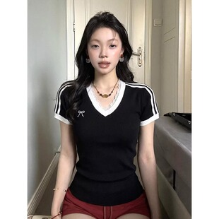 2026新款 大码 t恤女夏季 复古条纹短袖 v领蕾丝显瘦绝美上衣 胖mm美式