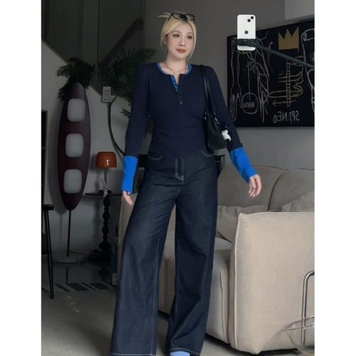 撞色假两件长袖t恤女秋季