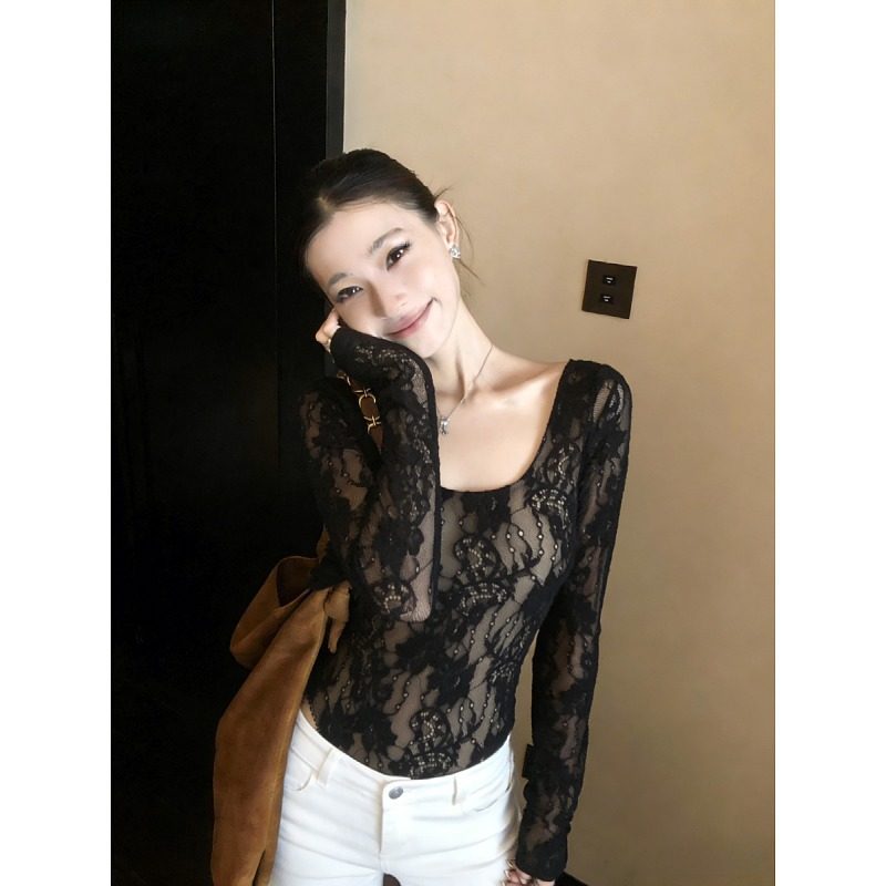 大码胖mm时尚气质掐腰长袖t恤女秋冬内搭高级感勾花蕾丝打底上衣,女装/女士精品,大码内搭,淘宝优惠券,粉丝福利购,淘宝优惠卷