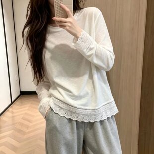 大码胖妹妹秋冬白色长袖T恤女蕾丝花边拼接设计感内搭打底衫上衣