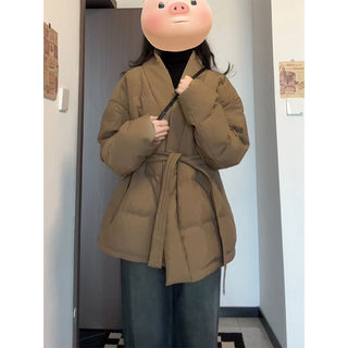 大码胖mm美拉德棉服女冬季新款系带V领面包服显瘦加厚棉衣外套潮