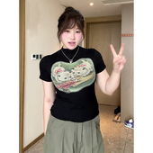 辣妹猫咪印花正肩短袖 大码 胖妹妹美式 t恤女春夏遮肉显瘦百搭上衣