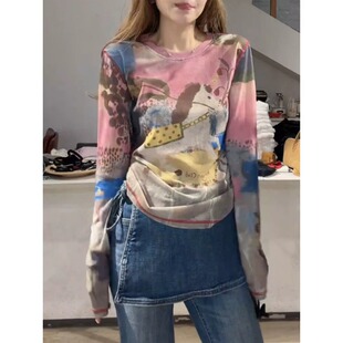 上衣打底衫 大码 防晒罩衫 t恤女2026早春季 高级感晕染印花网纱长袖