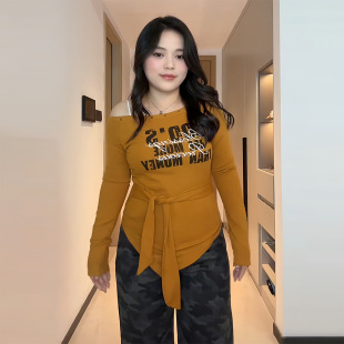 上衣 T恤女早秋显瘦设计感小众收腰打底衫 大码 胖MM纯欲风斜肩长袖