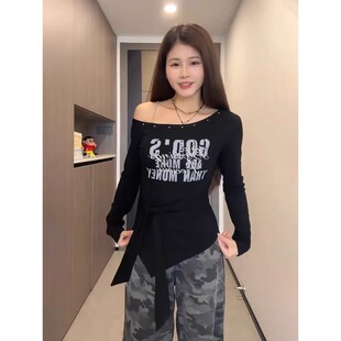 微胖mm气质绝美显瘦T恤打底衫 辣妹设计感印花上衣女秋季 美式 大码