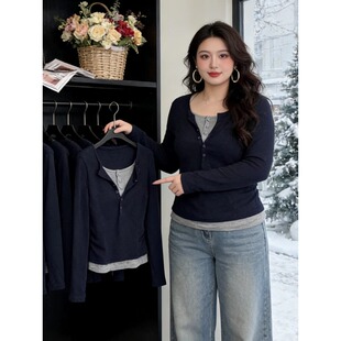 大码 t恤女2026年新款 胖mm修身 显瘦百搭打底上衣 高级感假两件长袖