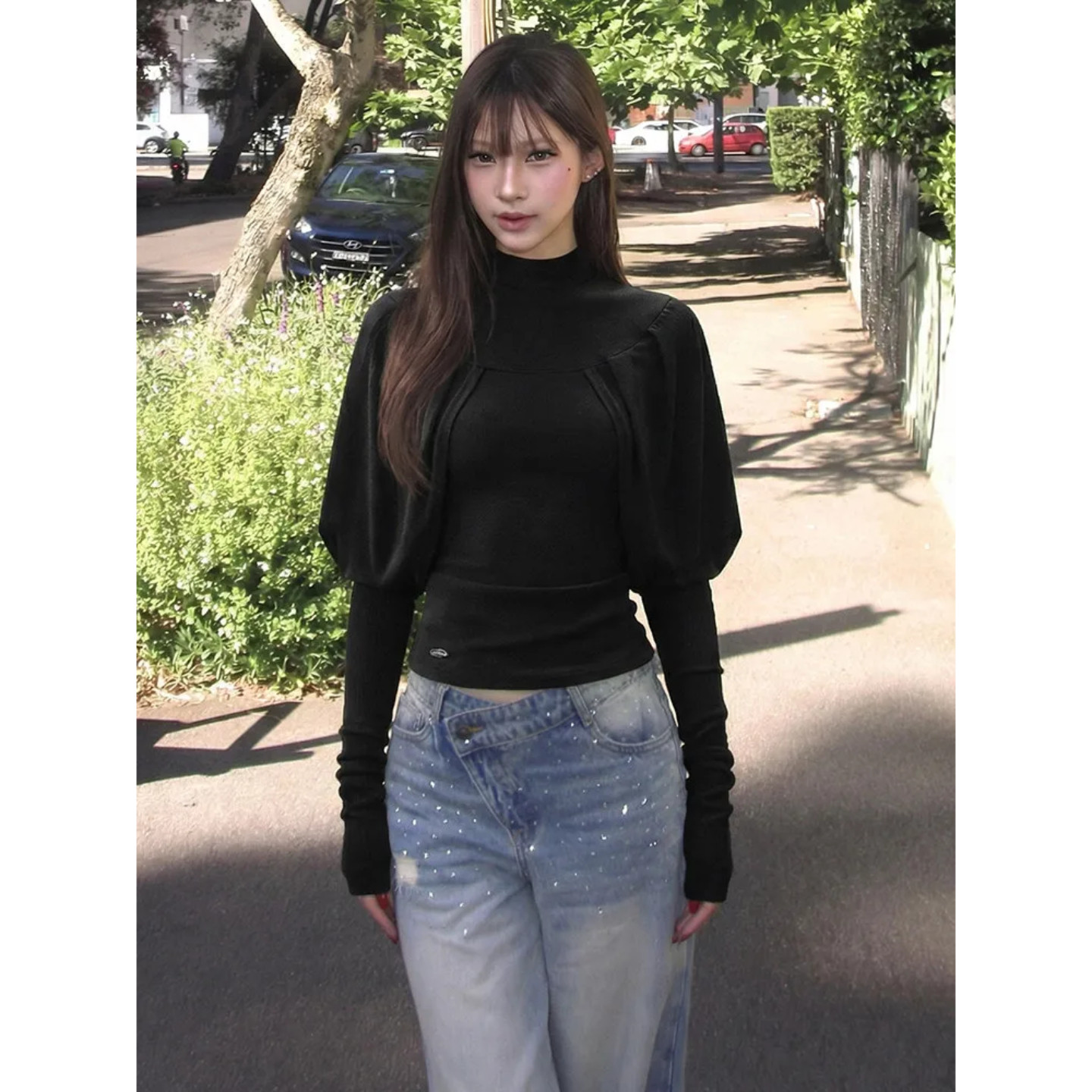 大码胖mm半高领长袖针织女秋冬设计感蝙蝠袖显瘦打底衫t恤上衣潮