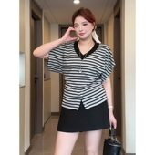 v领下摆开叉条纹短袖 大码 女装 t恤春夏胖MM显瘦掐腰独特上衣