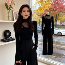 大码性感网纱半高领长袖t恤秋冬胖mm加绒磨毛气质内搭打底衫上衣