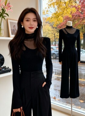 大码网纱半高领长袖t恤女2026春秋胖mm磨毛气质内搭打底衫上衣女