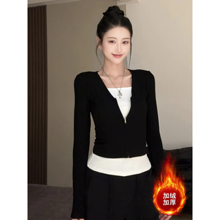 T恤女2025新款 假两件方领加绒内搭长袖 秋冬显瘦上衣 胖MM韩版 大码