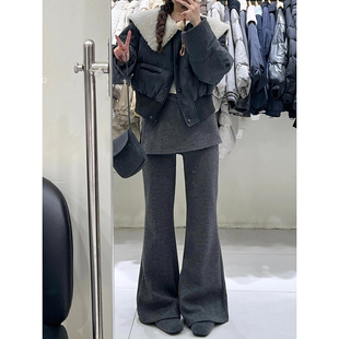 宽松显瘦阔腿拖地裤 慵懒风深灰假两件屁帘微喇叭休闲裤 女2025春季