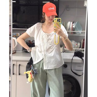 上衣 设计感宽松衬衣小个子娃娃衫 木耳边系带小清新百搭衬衫 女夏季