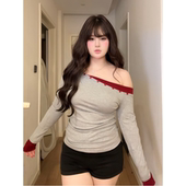 大码 气质绝美上衣 T恤女早秋款 胖MM美式 复古显瘦辣妹斜肩露肩长袖
