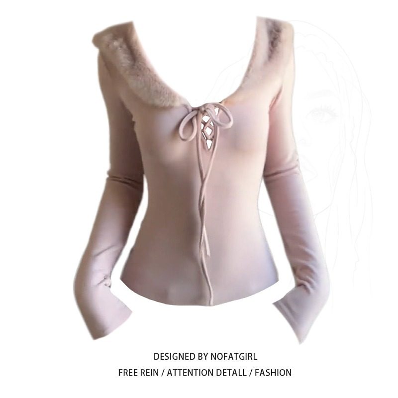 大码胖MM纯欲V领长袖T恤女秋冬2025新款显瘦气质系带毛领打底上衣,女装/女士精品,大码内搭,淘宝优惠券,粉丝福利购,淘宝优惠卷