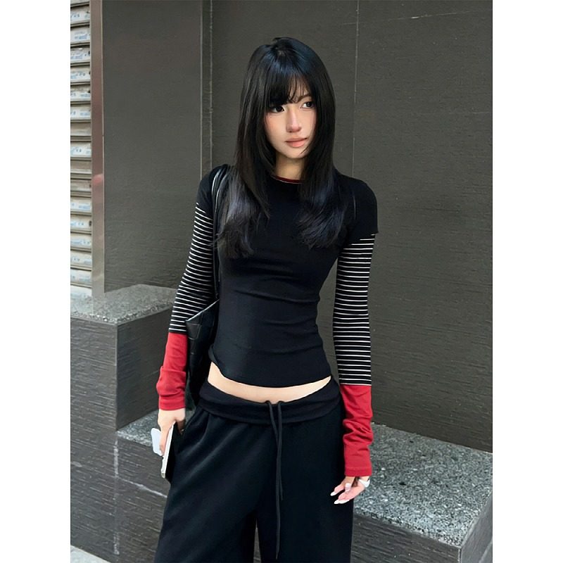 大码美式复古撞色条纹拼接圆领长袖T恤女秋冬季正肩内搭打底上衣,女装/女士精品,大码内搭,淘宝优惠券,粉丝福利购,淘宝优惠卷