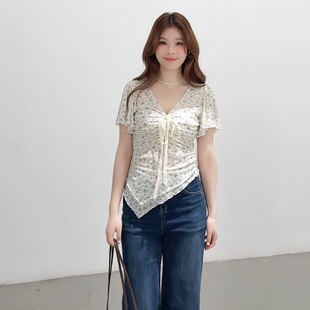 胖mm韩系V领蓝色碎花短袖 显瘦气质不撞款 衬衫 新款 上衣女 夏季 大码