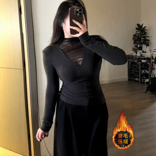 长袖 网纱内搭打底衫 t恤女秋冬胖MM加绒磨毛正肩显瘦上衣 女装 大码