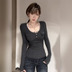 大码 打底上衣 T恤女秋冬内搭修身 胖MM美式 辣妹半开领口袋磨毛长袖