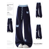 直筒加绒裤 大码 子 女秋冬新款 胖mm显瘦卫裤 美式 蝴蝶贴布阔腿休闲裤