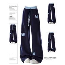 大码美式蝴蝶贴布阔腿休闲裤女秋冬新款胖mm显瘦卫裤直筒加绒裤子