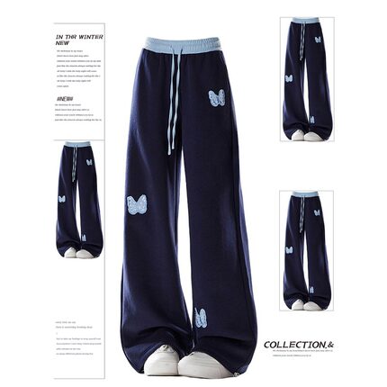 大码美式蝴蝶贴布阔腿休闲裤女秋冬新款胖mm显瘦卫裤直筒加绒裤子