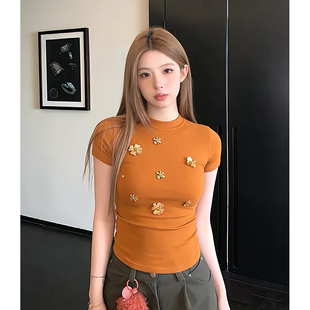 短款 大码 复古修身 t恤女2026夏季 正肩内搭上衣潮 胖mm立体花朵短袖