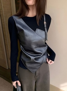 大码韩系黑色拼接不规则长袖t恤打底衫女秋冬季内搭修身开叉上衣