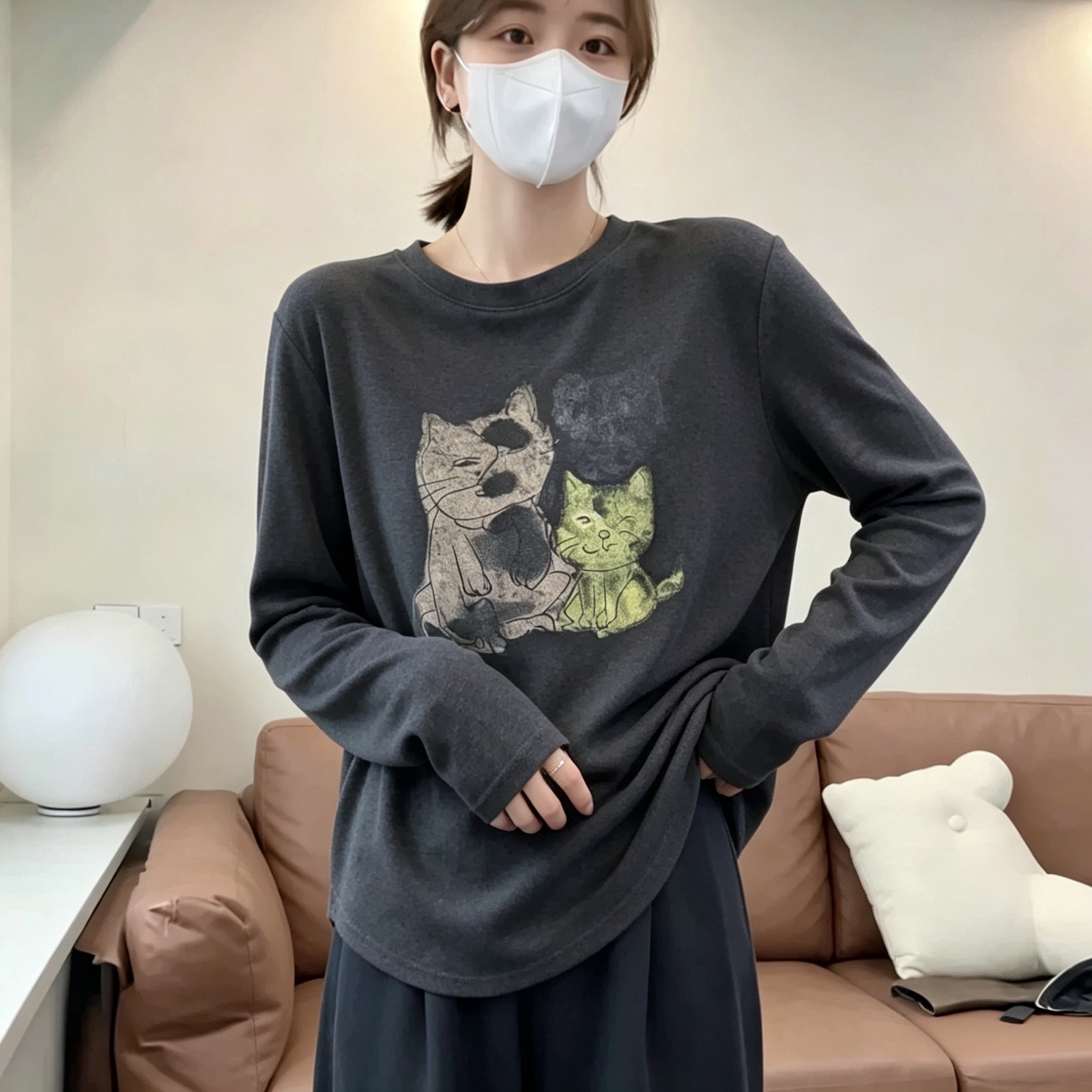 大码灰色小猫印花长袖T恤女秋冬季休闲宽松内搭打底衫显瘦上衣潮