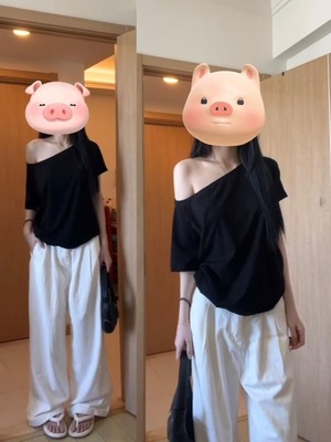 黑色斜领露肩短袖T恤女夏