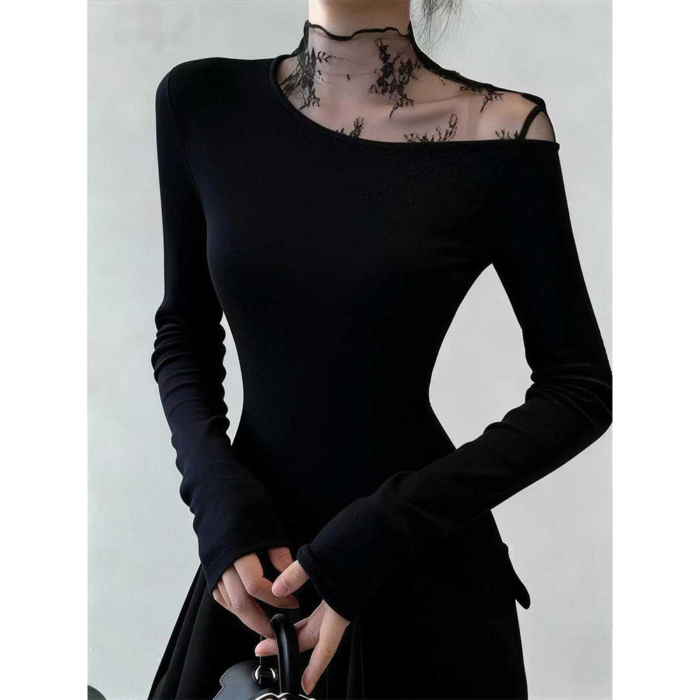 大码胖mm辣妹网纱蕾丝拼接半高领磨毛打底衫女秋冬不规则正肩上衣,女装/女士精品,大码内搭,淘宝优惠券,粉丝福利购,淘宝优惠卷