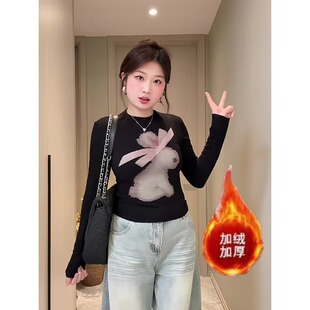 大码甜辣风半高领加绒加厚显瘦上衣微胖MM丝带兔印花正肩长袖t恤
