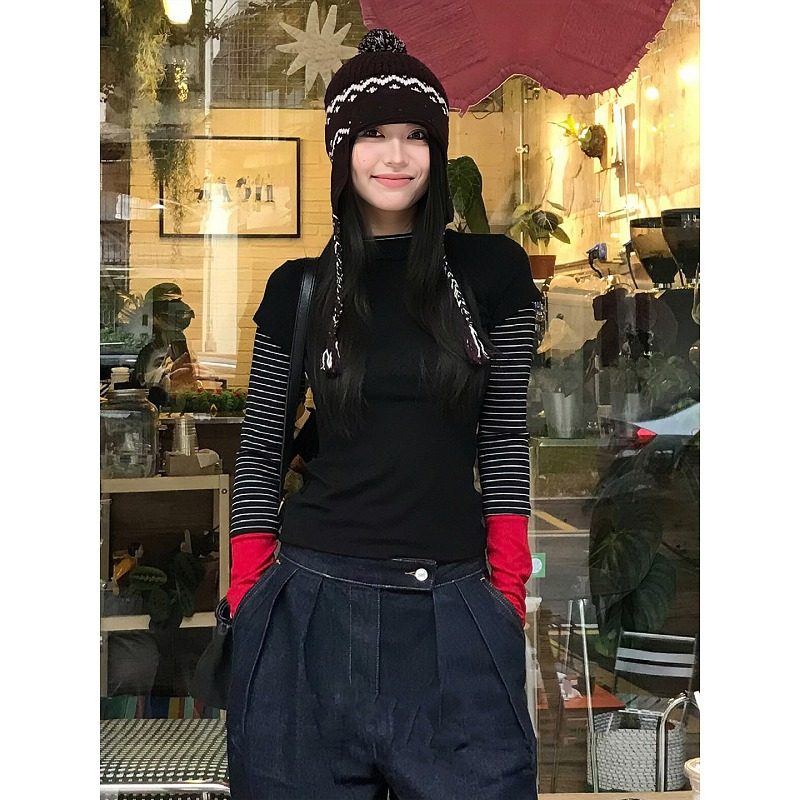 大码胖mm撞色拼接气质长袖T恤女秋冬时尚显瘦修身别致打底衫上衣,女装/女士精品,大码内搭,淘宝优惠券,粉丝福利购,淘宝优惠卷