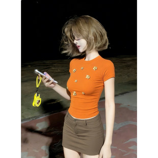大码胖mm韩系高级感重工钉珠花朵T恤女夏季新款修身百搭显瘦上衣