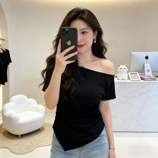 胖妹妹修身 大码 t恤春夏新款 不规则斜领露肩短袖 显瘦掐腰上衣 女装