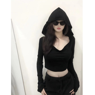 大码胖mm废土风辣妹连帽长袖T恤女秋季设计感修身短款运动风上衣