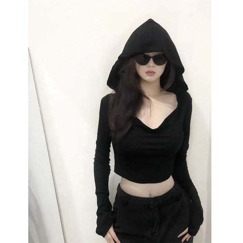 辣妹荡领连帽长袖T恤女秋季