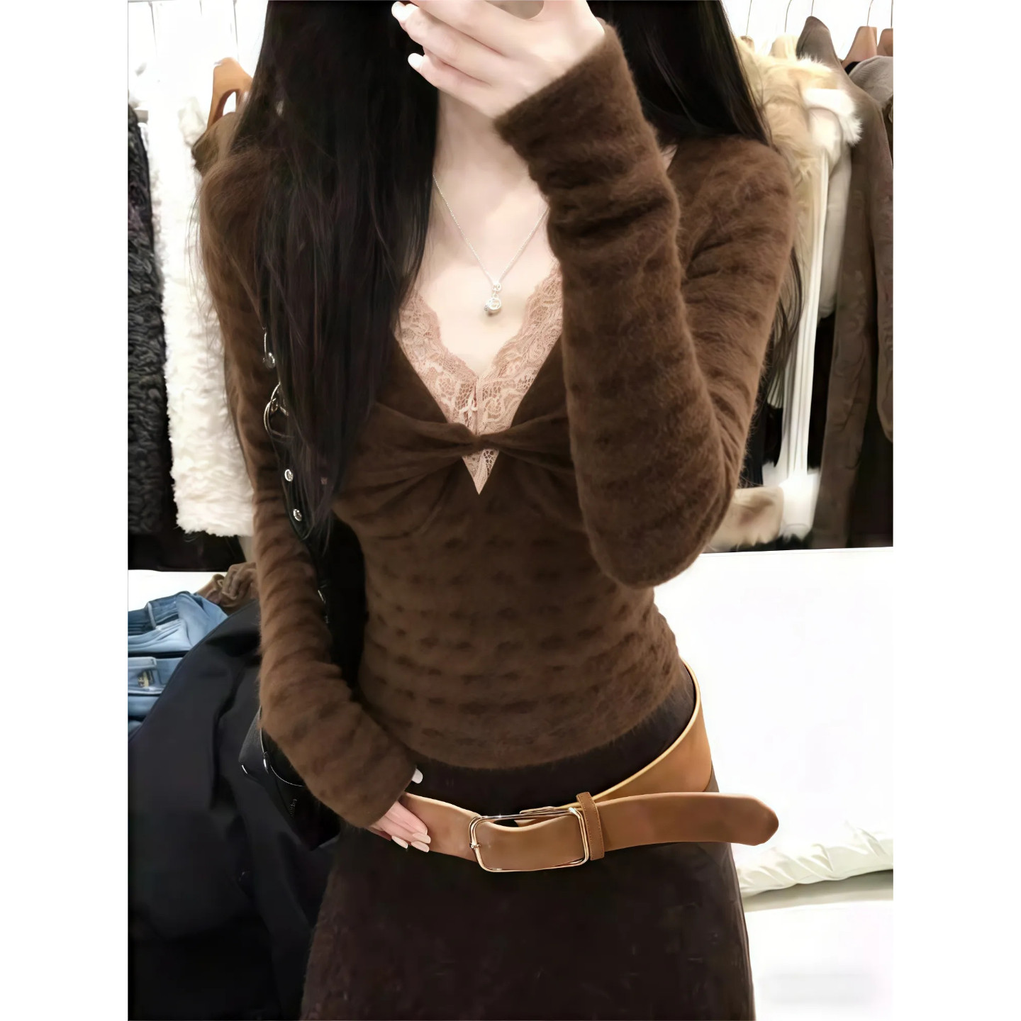 大码胖mm美拉德蕾丝v领假两件长袖针织t恤女春季设计感打底衫上衣,女装/女士精品,大码内搭,淘宝优惠券,粉丝福利购,淘宝优惠卷