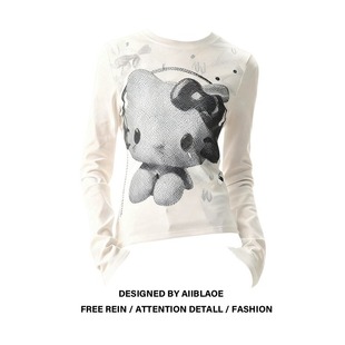 T恤女秋冬胖mm显瘦减龄正肩百搭上衣 甜辣Kitty猫印花长袖 大码 美式