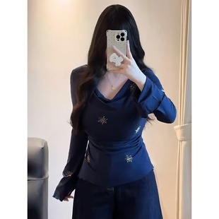 大码女装荡领辣妹不规则长袖t恤2026早秋胖mm显瘦气质高级感上衣