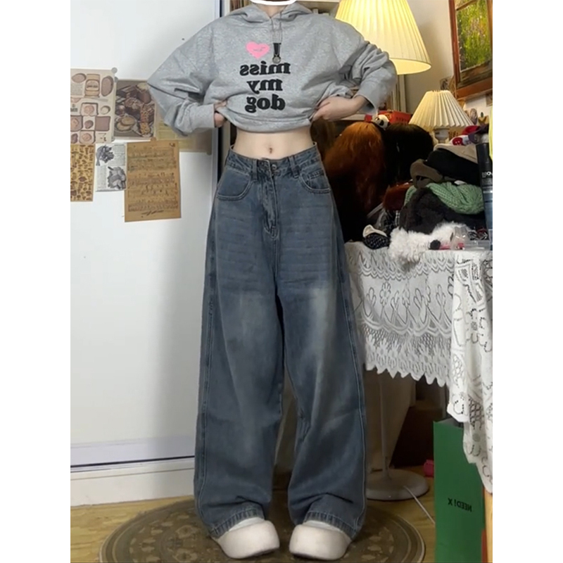 慵懒松弛感裤子秋季大码胖MM显瘦阔腿牛仔裤适合粗腿宽胯直筒长裤