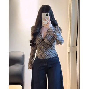 显瘦打底衫 大码 上衣潮 修身 T恤女早秋新款 微胖MM美式 复古格子长袖