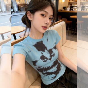 t恤女夏季 正肩短袖 2026超火减龄绝美辣妹小上衣 胖mm印花修身 大码