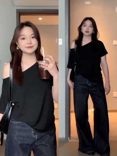 夏季辣妹风黑色露肩T恤女