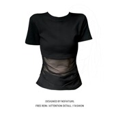 胖MM纯欲风网纱拼接短袖 T恤女夏季 新款 大码 修身 气质辣妹显瘦上衣