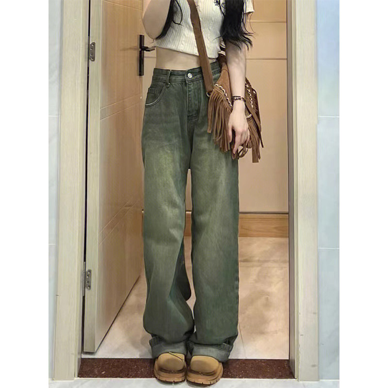 大码胖mm绿色直筒宽松牛仔裤女2023年美式复古vibe风阔腿裤ins潮