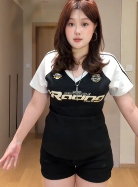 大码胖MM韩版修身复古v领正肩短袖t恤女夏季显瘦修身撞色百搭上衣