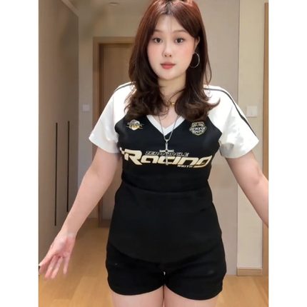 大码胖MM韩版修身复古v领正肩短袖t恤女夏季显瘦修身撞色百搭上衣